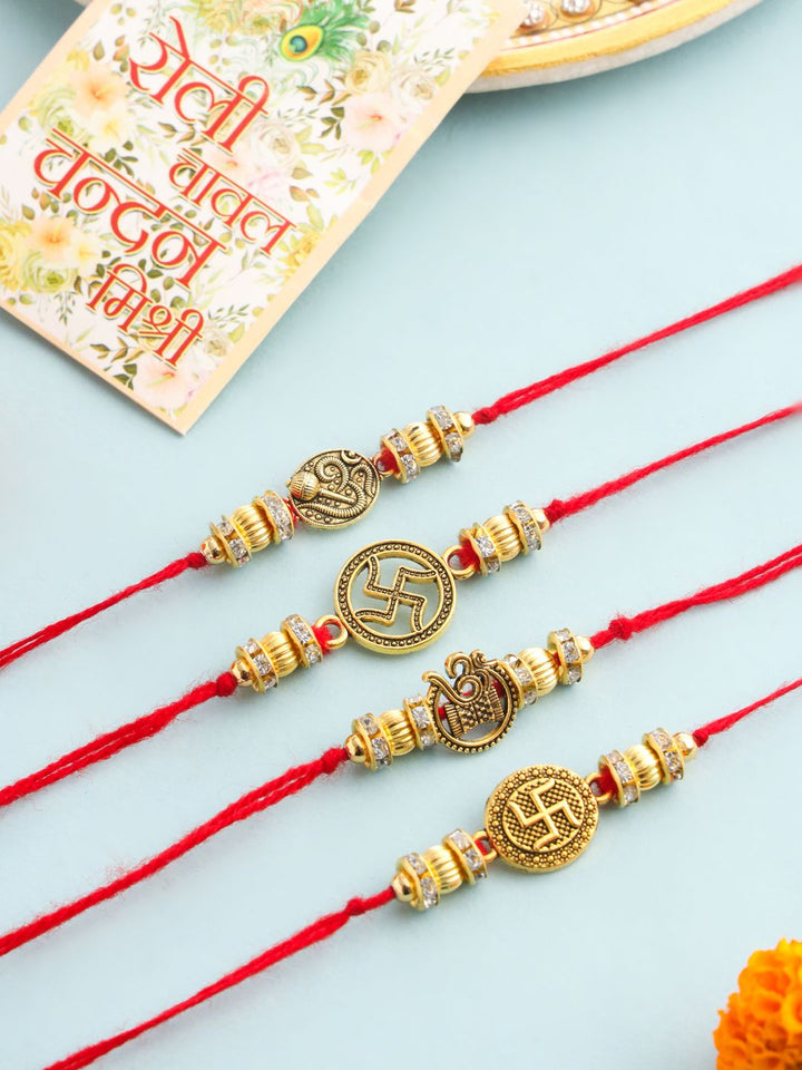NVR Unisex Set of 4 Artificial Stones Swastik Thread Rakhi with Roli Chawal Chandan Mishri