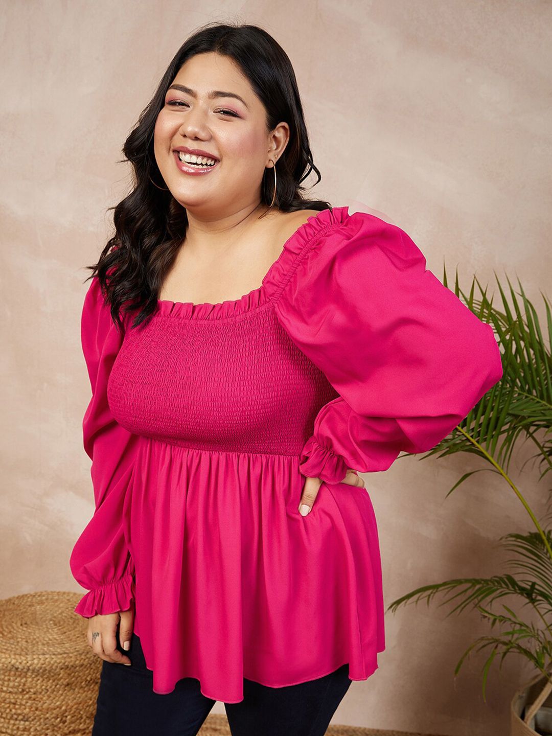 Berrylush Curve Plus Size Square Neck Smocked A-Line Regular Top