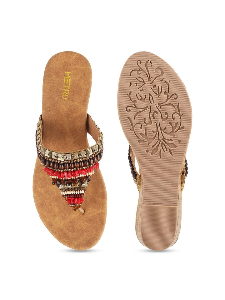 Metro Women Gold-Toned Ethnic Embellished Open Toe Flats