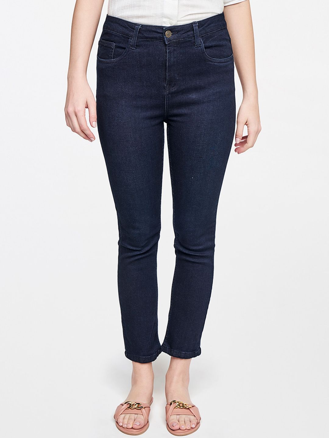 AND Women Blue Solid Straight Cropped Fit Trousers