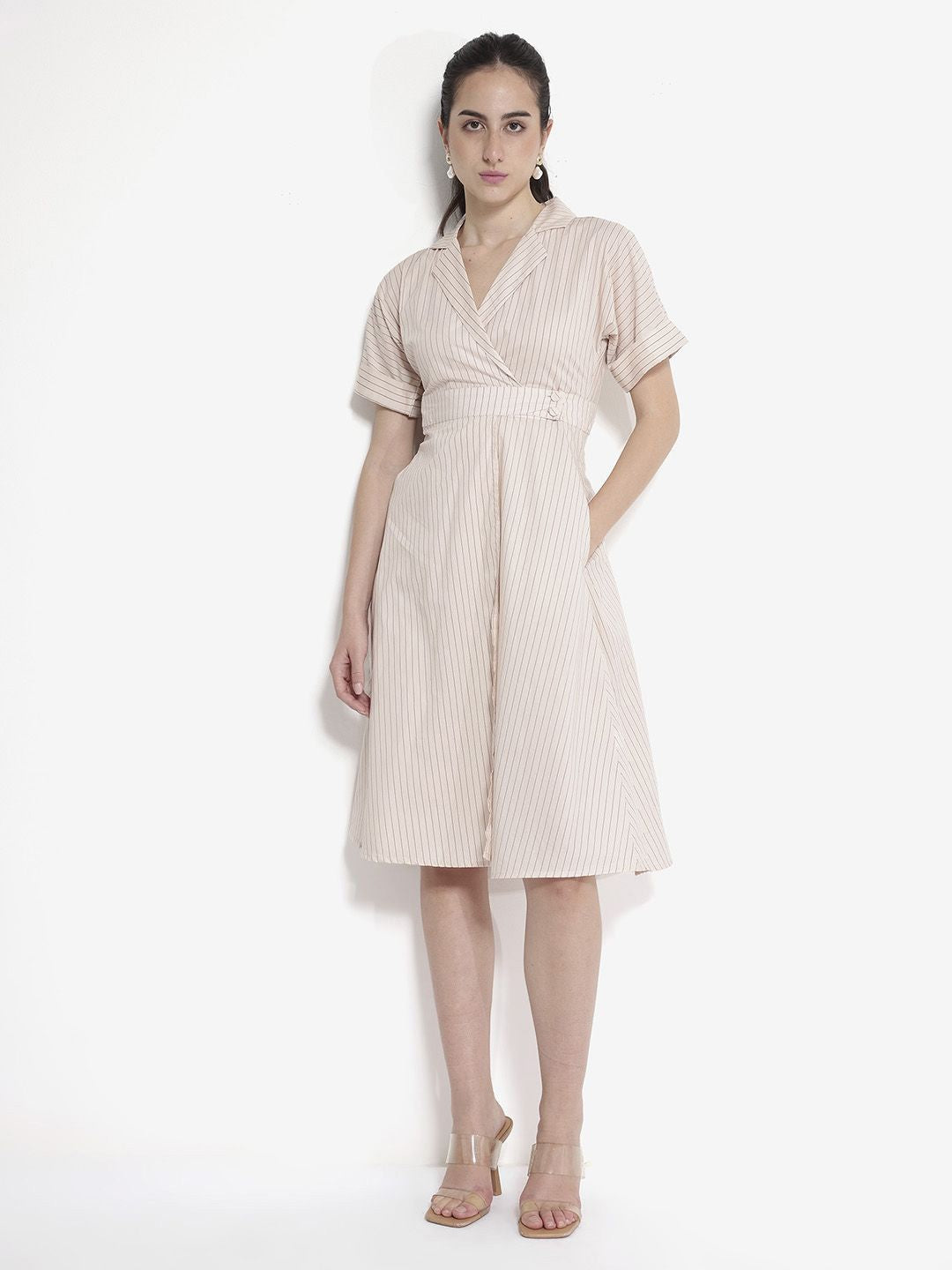 RAREISM Striped Shirt Collar Fit & Flare Dress