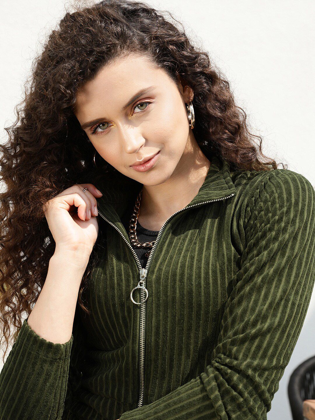 STREET 9 Women Olive Green Striped Crop Bomber Jacket