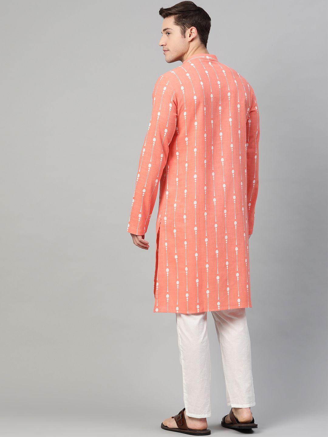 See Designs Men Peach-Coloured & White Printed Pure Cotton Straight Kurta