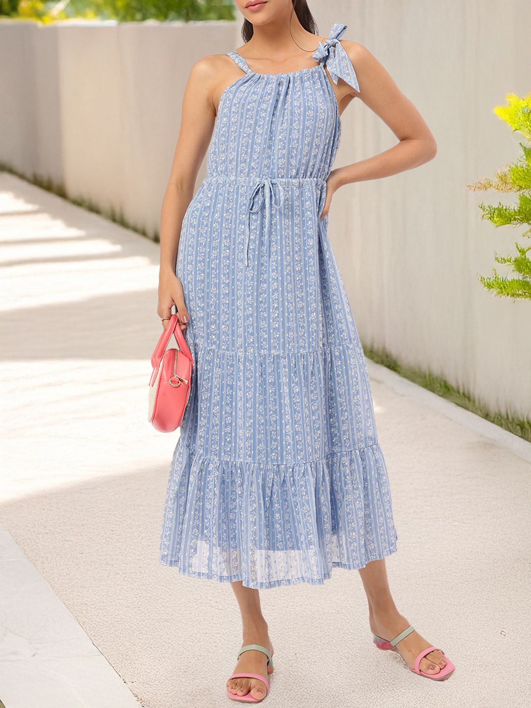 DressBerry Girly Glam Floral Tie-Up Bow Tiered A-Line Midi Dress