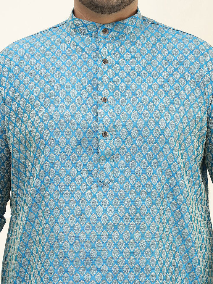 SOJANYA PLUS Men Blue & Golden Jacquard Silk Woven Design Straight Kurta