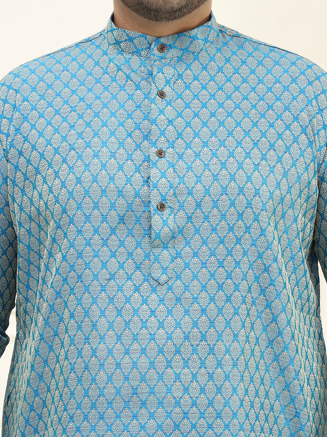 SOJANYA PLUS Men Blue & Golden Jacquard Silk Woven Design Straight Kurta