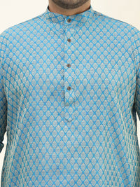 SOJANYA PLUS Men Blue & Golden Jacquard Silk Woven Design Straight Kurta