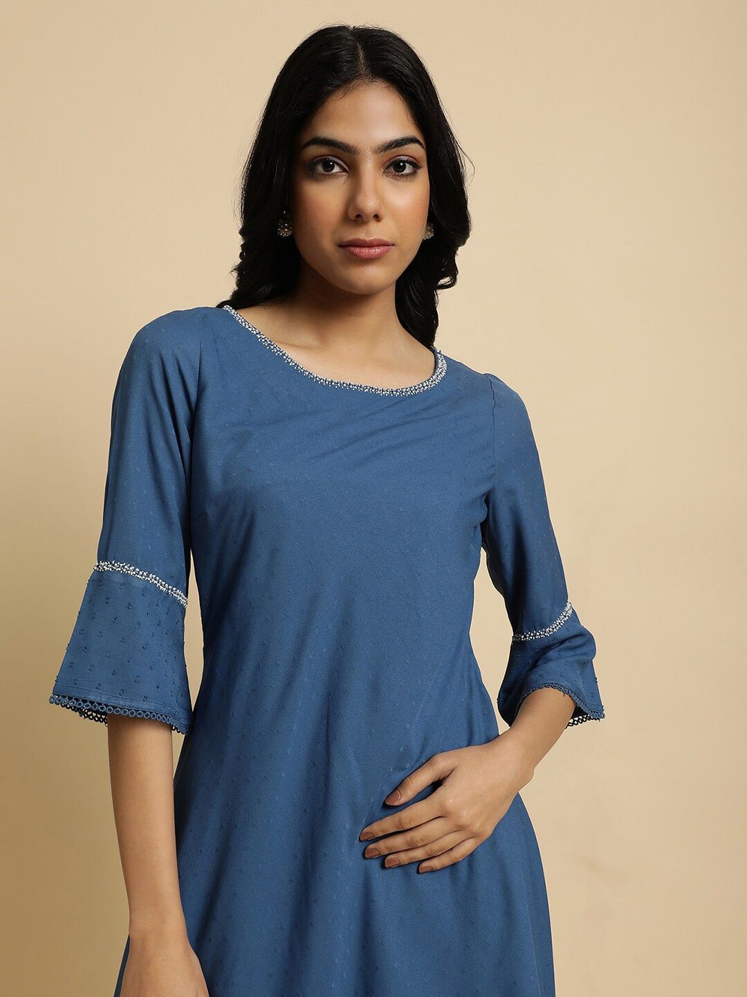 W Blue Bell Sleeves Layered  A-Line Midi Dress