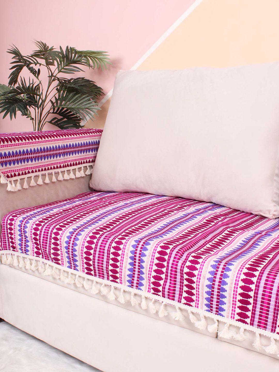 STITCHNEST Purple & Mauve Self Design Jacquard Sofa Cover
