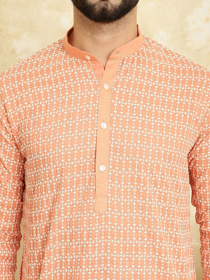 SOJANYA Ethnic Motifs Embroidered Mandarin Collar Pure Cotton Kurta with Churidar