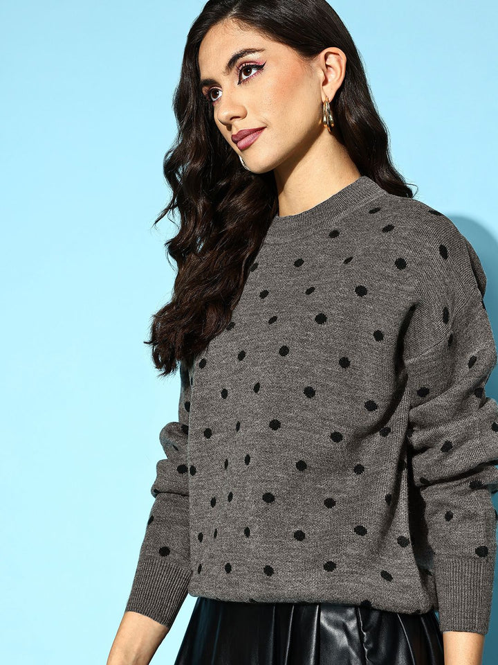 Berrylush Women Beautiful Charcoal Geometric Knits Bits Sweater