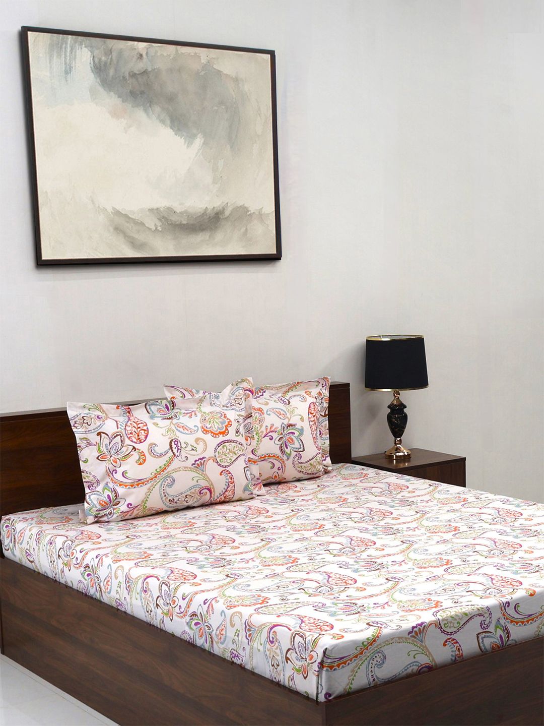 BOMBAY DYEING Brown Floral Cotton 140 TC Double Queen Bedsheet Set-2.28 m X 2.54 m
