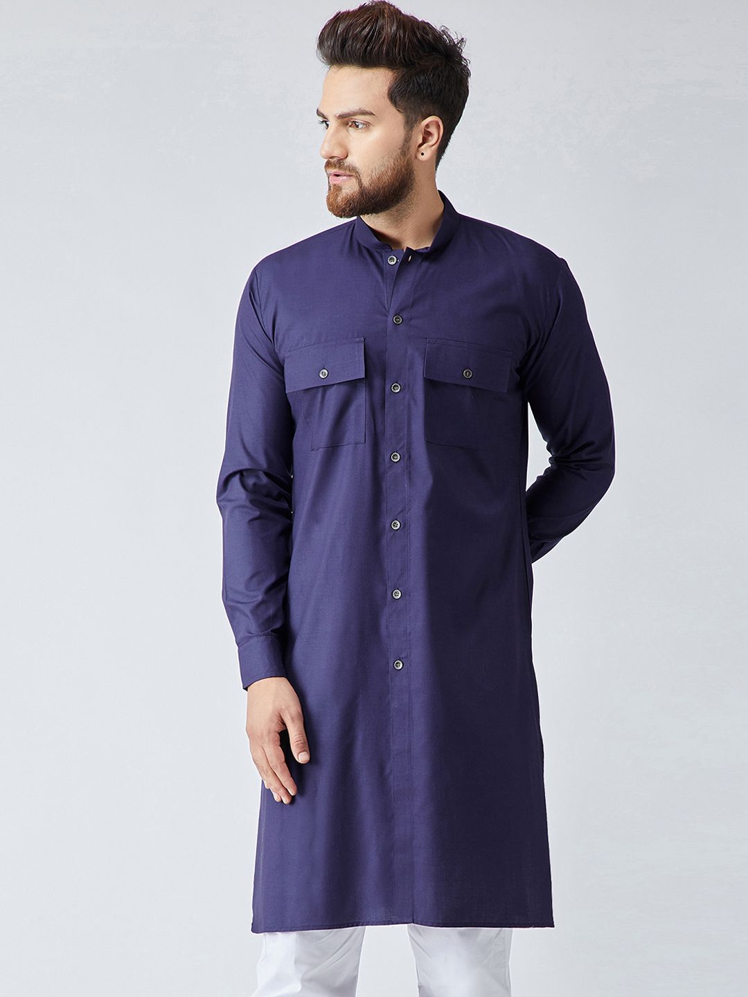 SOJANYA Men Navy Blue Solid Pathani Kurta