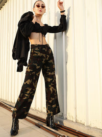 STREET 9 Women Olive Green Camouflage Printed Relaxed High-Rise Cotton Trousers