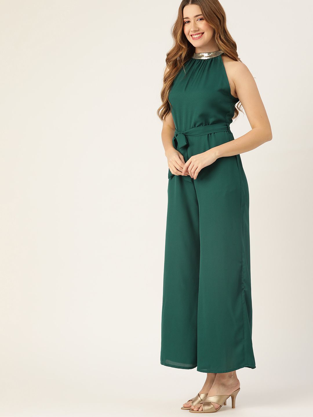 DressBerry Women Green Solid Basic Jumpsuit with Belt