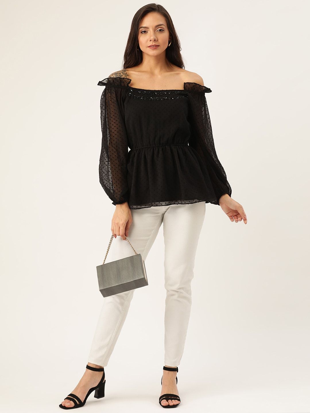 Antheaa Women Black Self-Design Bardot Top