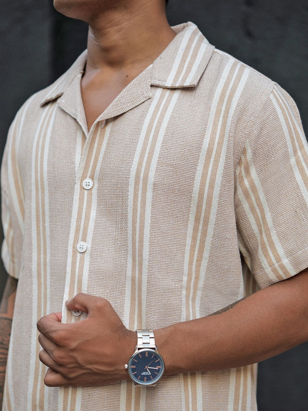 Powerlook Men Striped Cuban Collar Casual Shirt