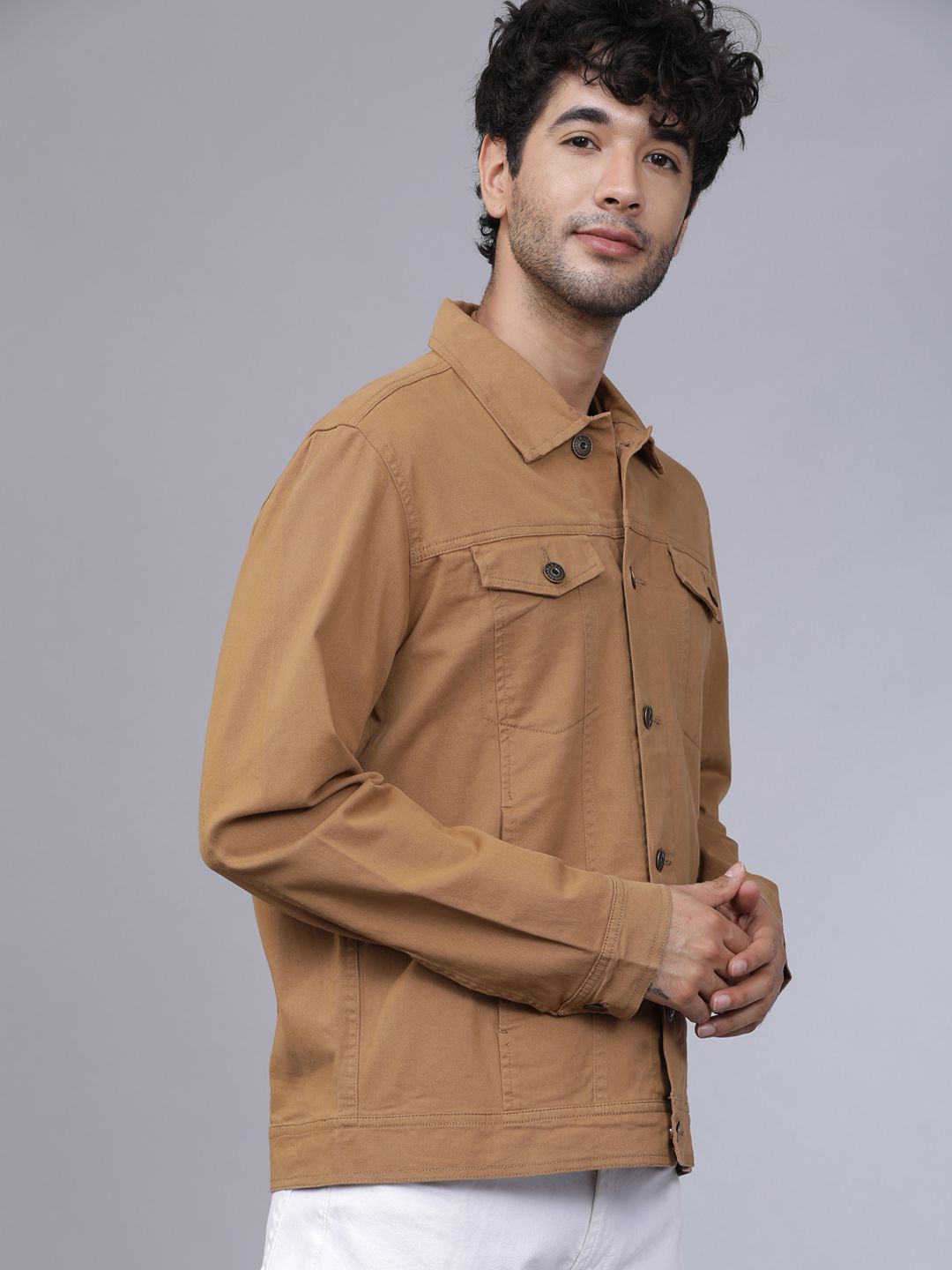 HIGHLANDER Men Beige Solid Denim Jacket