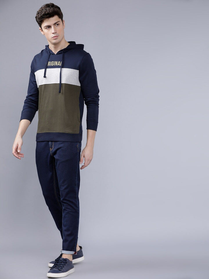 The Indian Garage Co Men Olive Green & White Colourblocked Hooded Sweatshirt