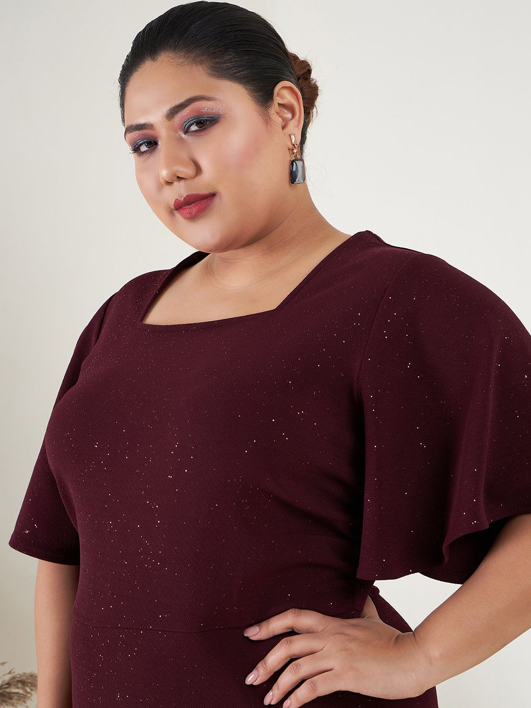 SASSAFRAS Curve Plus Size Flared Sleeves Square Neck Maxi Sheath Dress