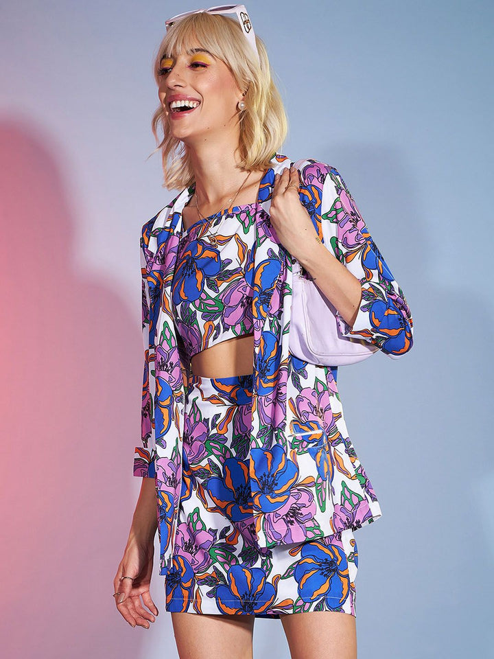 SASSAFRAS Purple & White Floral Printed Top With Skirt & Blazer Co-Ords