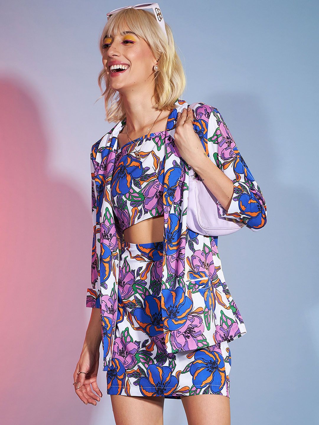 SASSAFRAS Purple & White Floral Printed Top With Skirt & Blazer Co-Ords