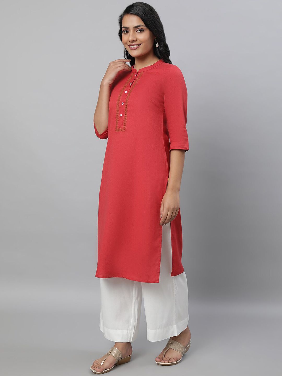 AURELIA Mandarin Collar Thread Work Straight Kurta