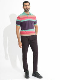 RARE RABBIT Men Glasglow Striped Polo Collar Slim Fit Pure Cotton T-Shirt