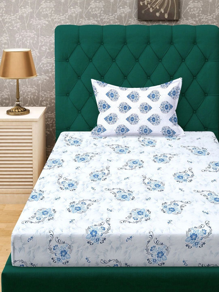 Myntra Elegant Homes Blue & White Floral 400 TC Single Bedsheet with 1 Pillow Covers