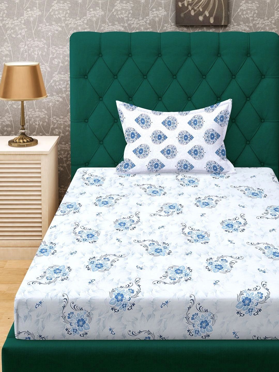 Myntra Elegant Homes Blue & White Floral 400 TC Single Bedsheet with 1 Pillow Covers