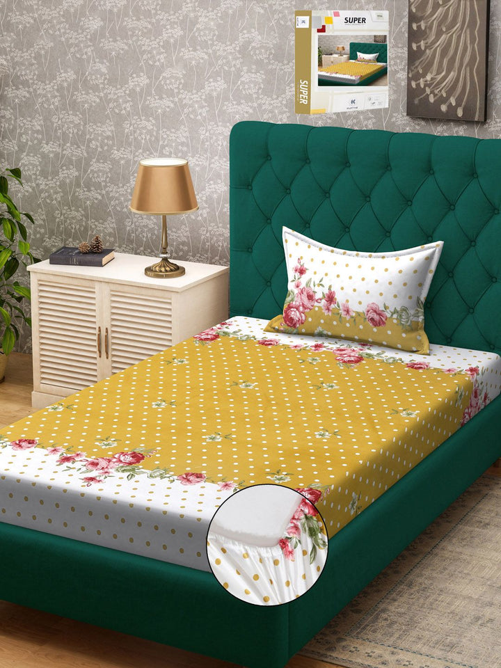 KLOTTHE Yellow & White Floral Printed 300TC Single Dipasang Cadar Dengan Sarung Bantal