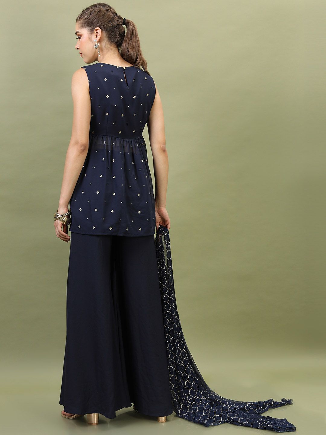 Vishudh Women Navy Blue Ethnic Motifs Embroidered Empire Kurti with Palazzos & With Dupatta