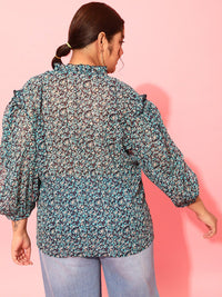 CURVY STREET Plus Size Floral Printed Puff Sleeves Satin Top