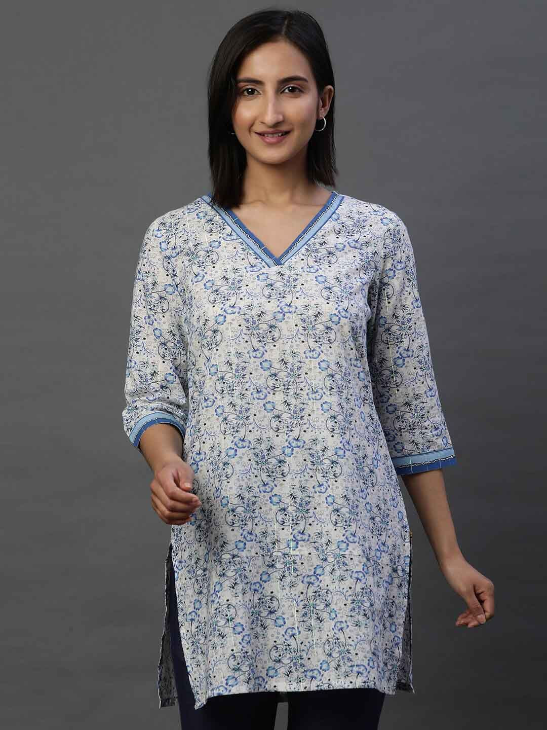 AURELIA Floral Printed V-Neck Straight Kurti