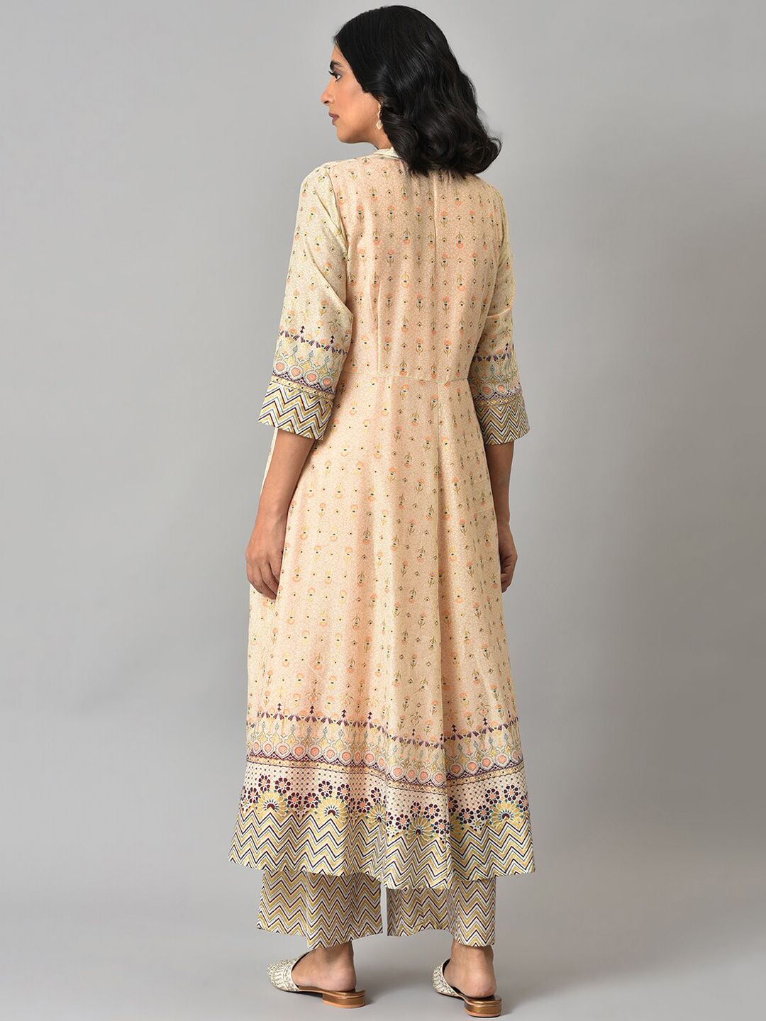 Aurelia Women Beige Geometric Print Poly Voile Kurta Set with Palazzos & Shrug