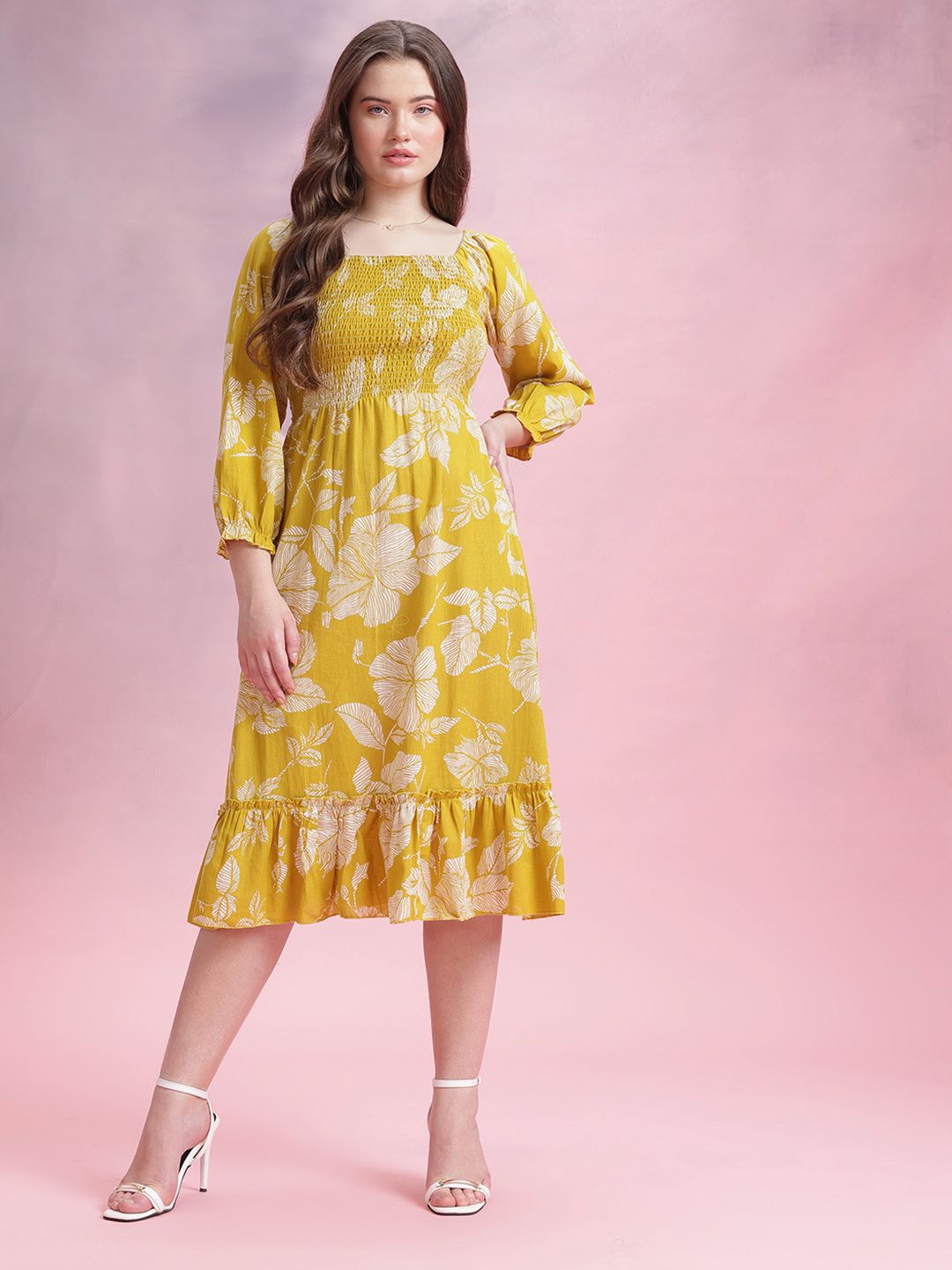 DressBerry Floral Print Gathered Detail Smocked Effect Pure Cotton Midi A-Line Dress