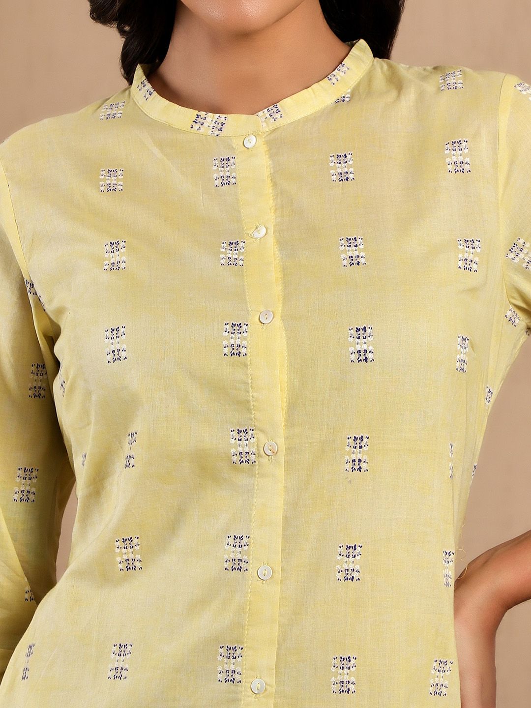 W Wanita Kurta Cotton Printed Geometric Kuning