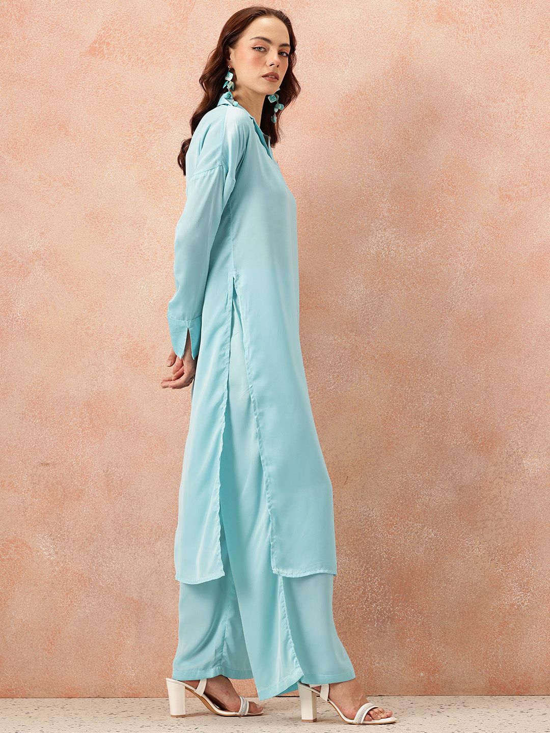 all about you Notched Lapel Collar Drop-Sleeves Satin Straight Kurta with Palazzos