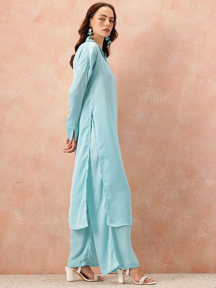 all about you Notched Lapel Collar Drop-Sleeves Satin Straight Kurta with Palazzos