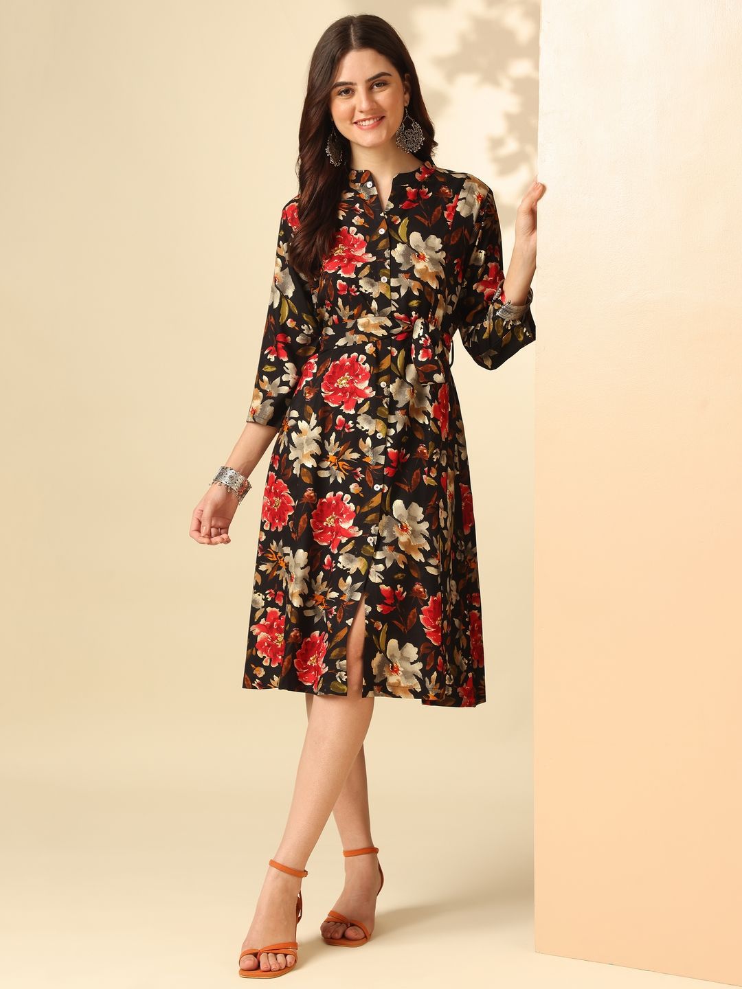 Anouk Brown Floral Printed Mandarin Collar Shirt Dress
