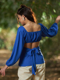 SASSAFRAS Cuffed Sleeves Tie-up Ruched Styled Back Top