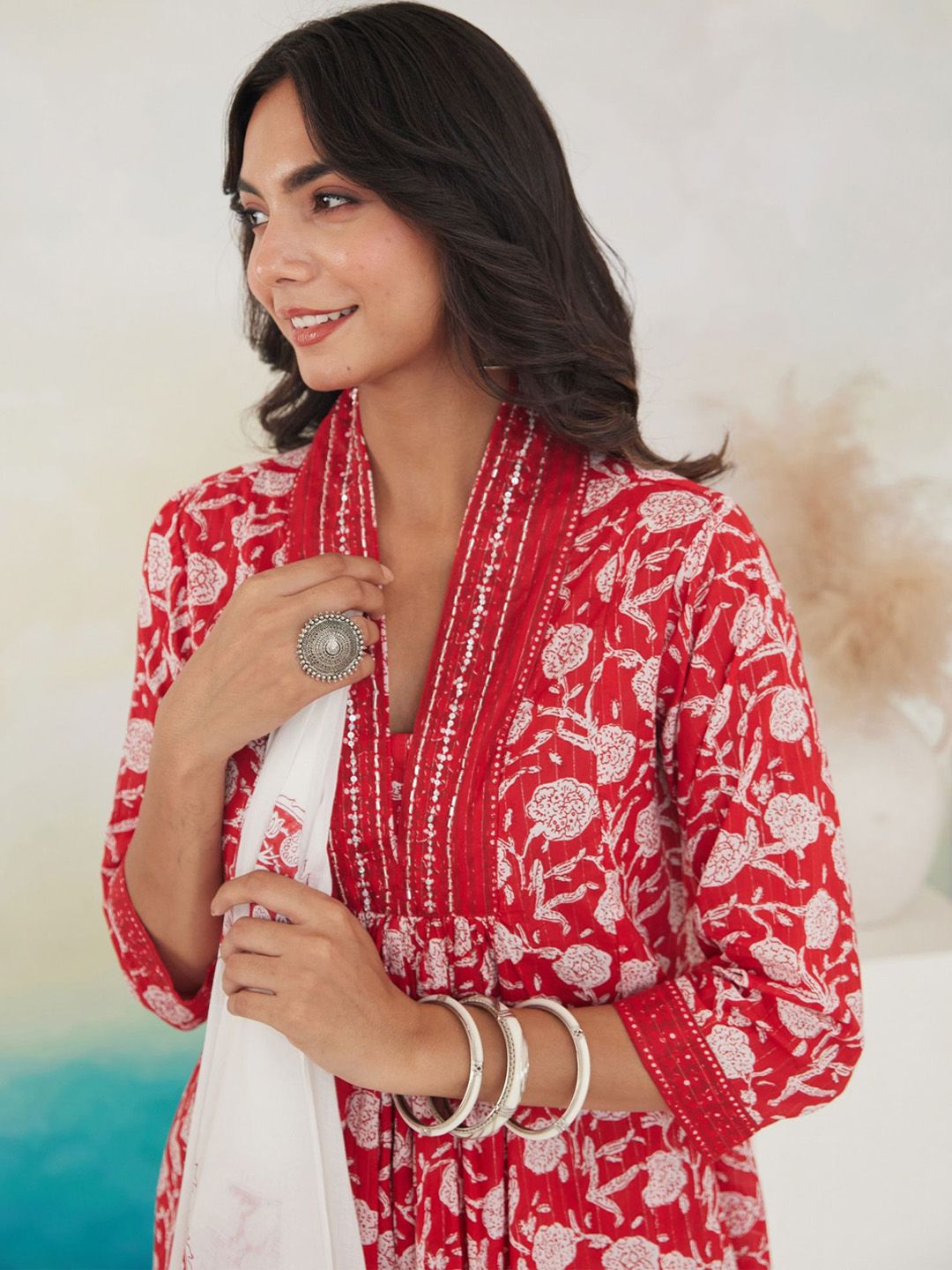 Indo Era Women Floral Printed Pleated Beads and Stones Pure Cotton Kurta with Trousers & With Dupatta