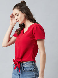 Athena Red Knotted Top With Puff Sleeves