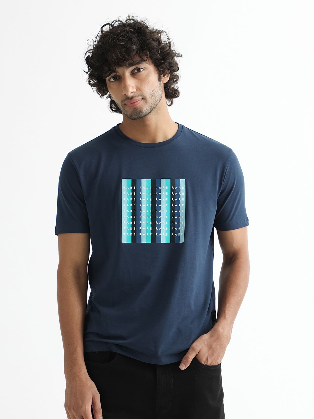 RARE RABBIT Men Acai Graphic Printed Slim Fit Cotton T-Shirt