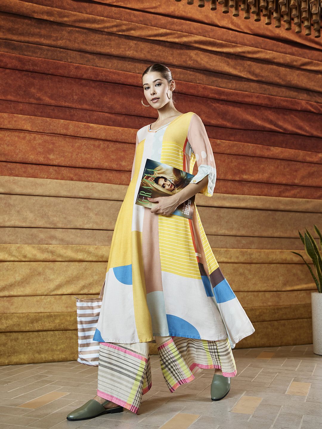 W White & Yellow Forestry Printed A-Line Dress