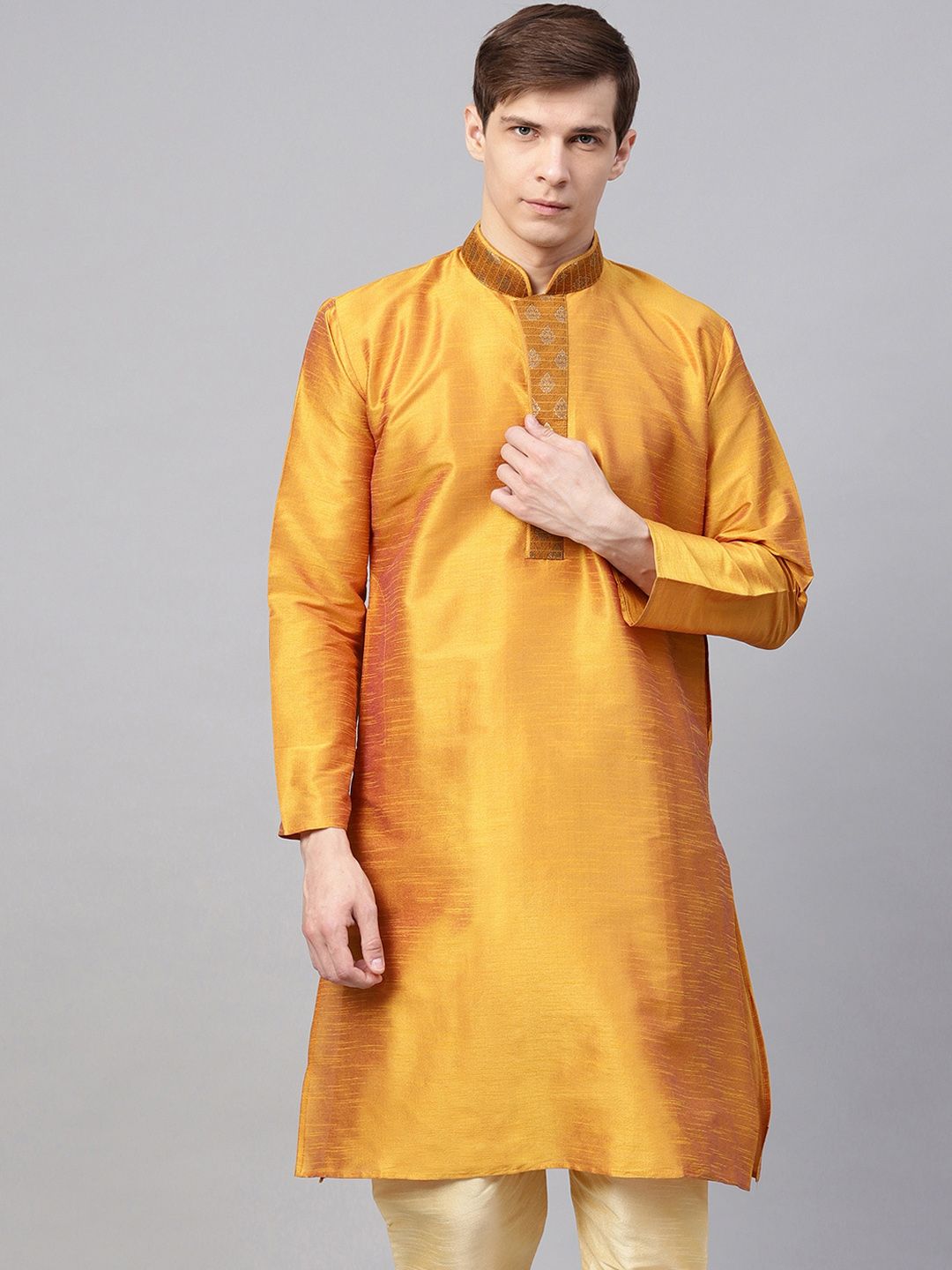 SOJANYA Lelaki Mustard Tenun Kuning Design Kurta Lurus