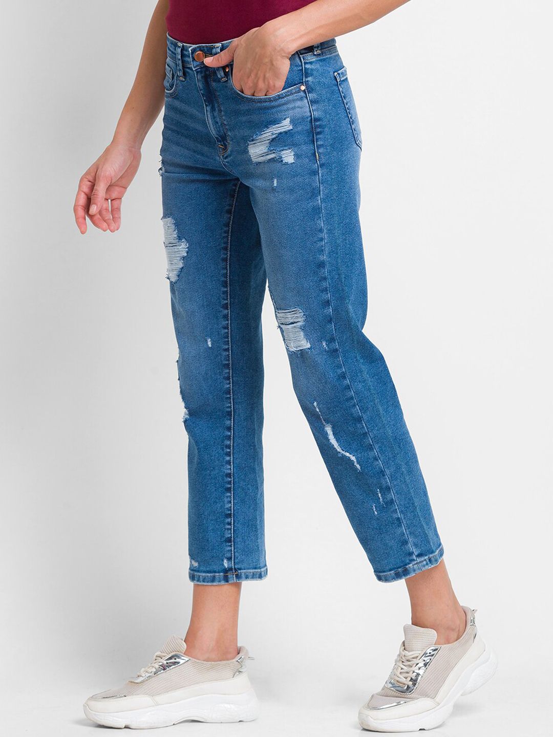 SPYKAR Women Blue Straight Fit Mildly Distressed Light Fade Jeans