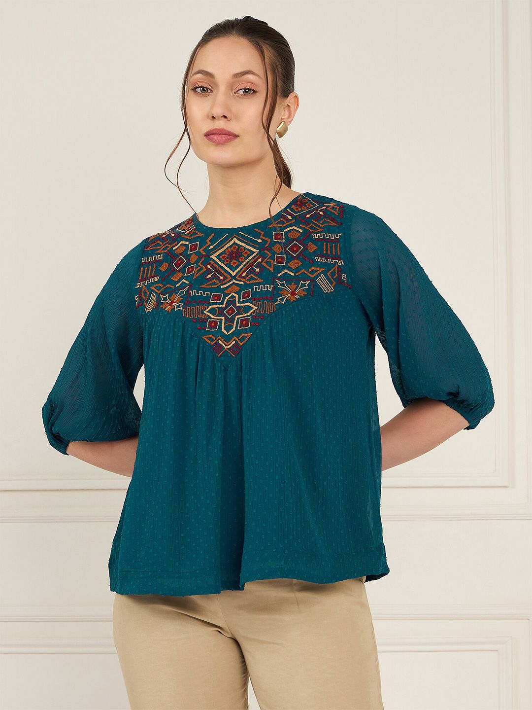 Antheaa Embroidered Chiffon A-Line Top