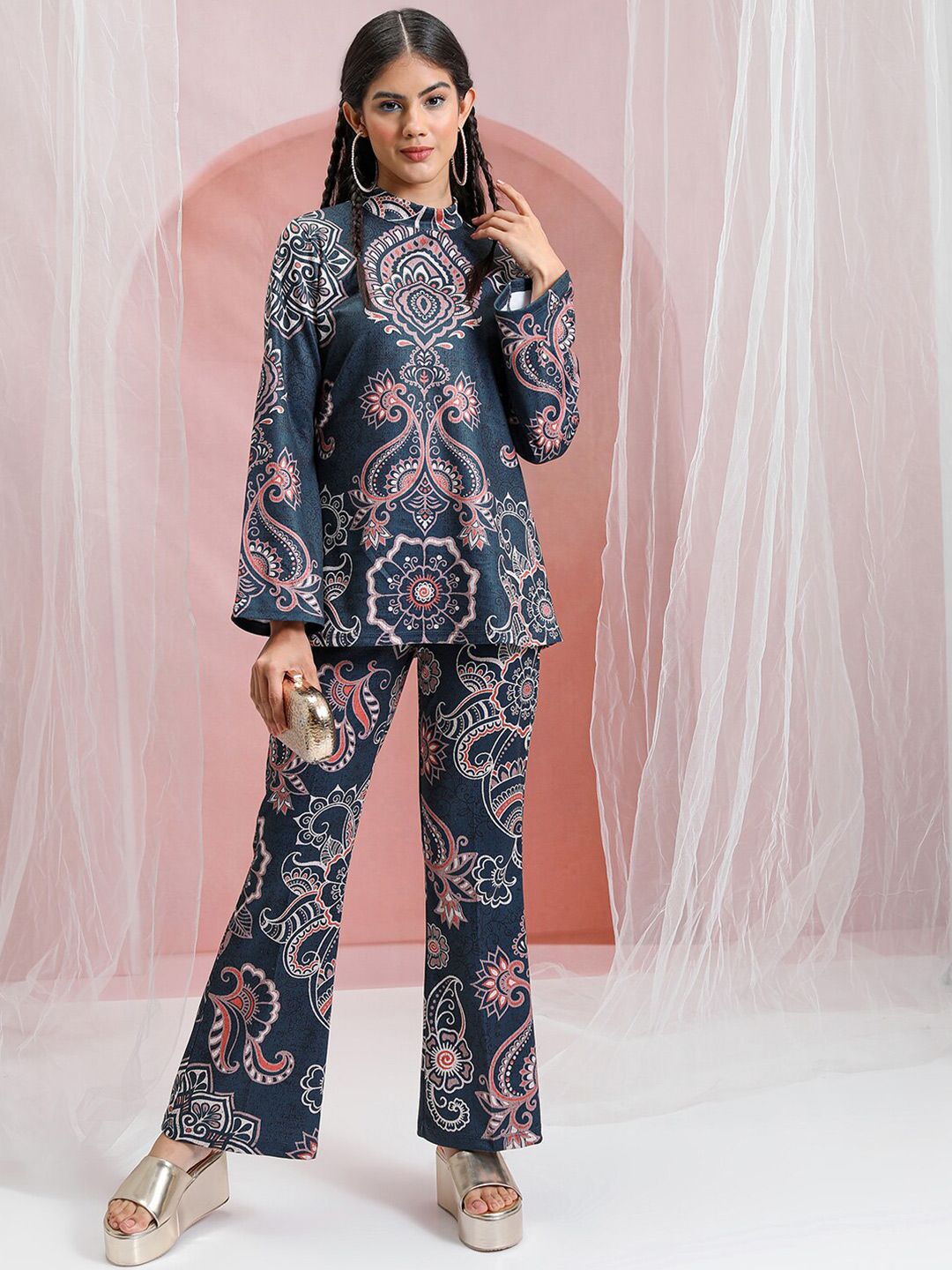 Vishudh Blue Printed High Neck Tunic With Flared Trouser