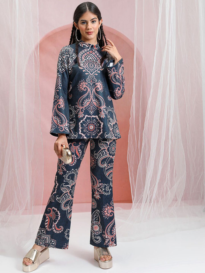 Vishudh Blue Printed High Neck Tunic With Flared Trouser